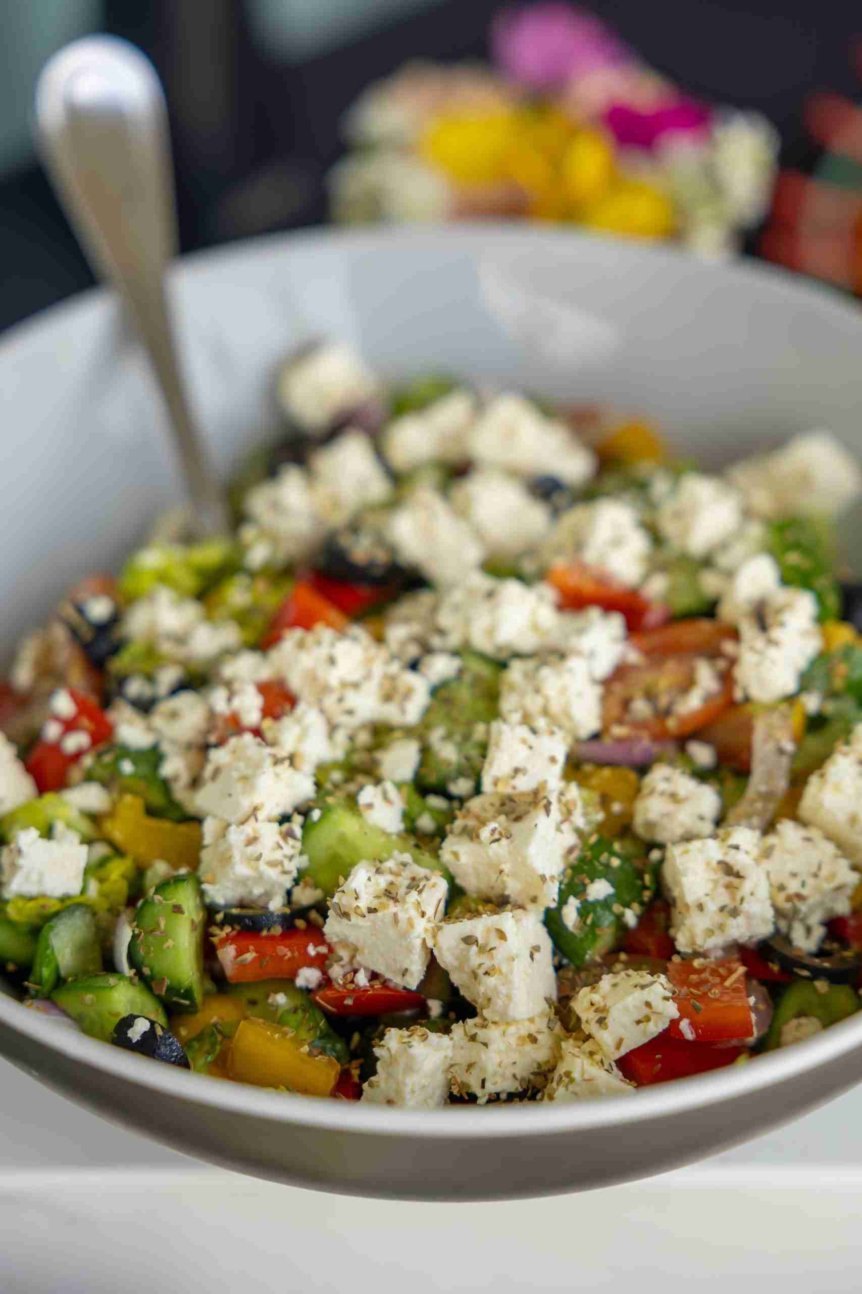 Traditional Greek salad with feta cheese and fresh Mediterranean vegetables at Petroula's Bar in Western Crete