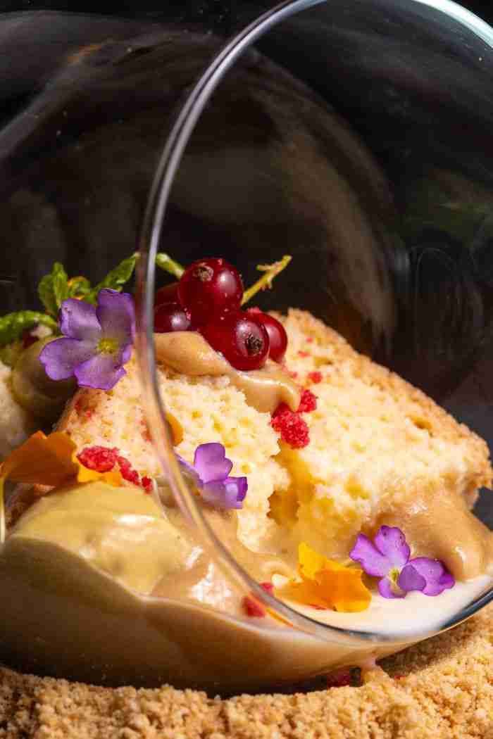 services-03 Elegant dessert with sponge cake, berries, cream, and edible flowers in a glass bowl.